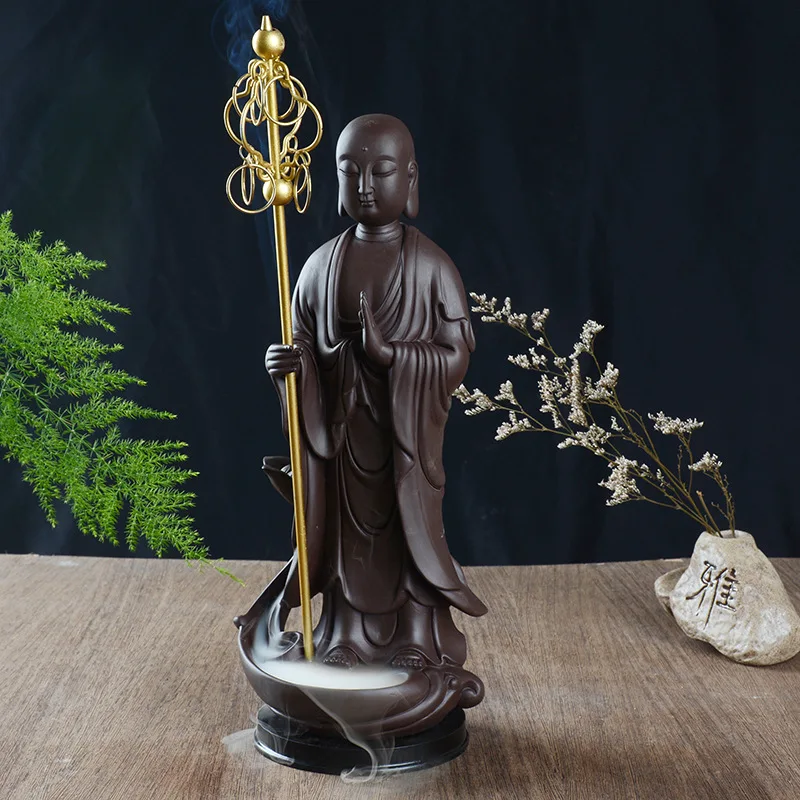 

Purple Clay Ksitigarbha Bodhisattva Backflow Ceramic Buddha Statue Home Decoration Craft Creative Ornament Incense Burne