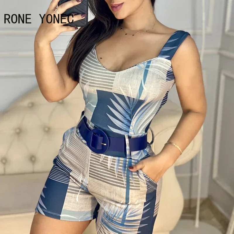 Women Outfits Romper Thick Strap Tropical Print Skinny Romper Playsuits