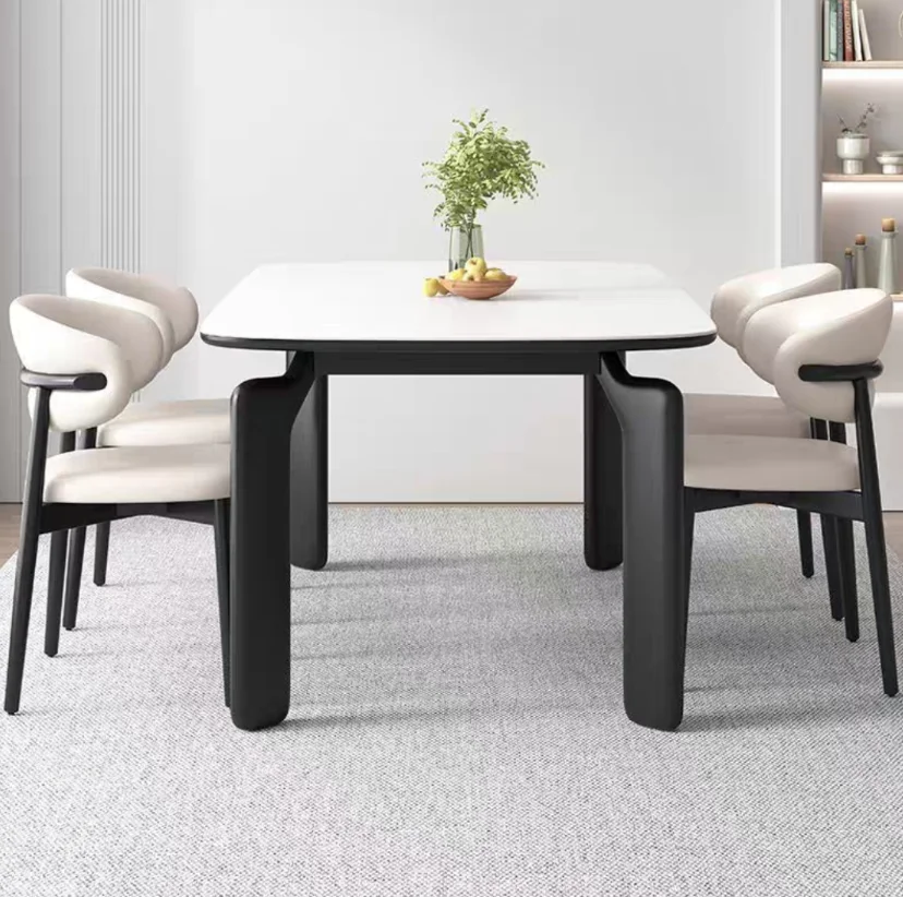 Solid Wood Dining Table Set with Slate Tabletop One Table Accommodates 6 Chairs Family Dining Table with Comfortable Wood Frame