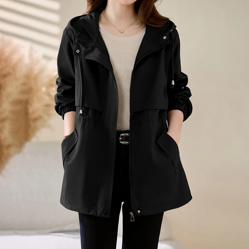 trench coat women's 2025 spring and autumn new  waist medium and long high-end  hooded tooling jacket