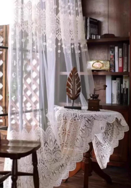 Simple Retro Style Light Luxury White Embroidered Lace Curtains Living Room Bedroom Balcony Blackout Curtains