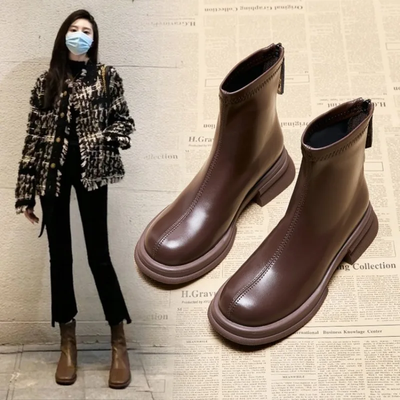 French Style Women Martini Boots Thick Bottom Appears Small Flocking Heightening Elastic Slimming Boots Autumn Winter