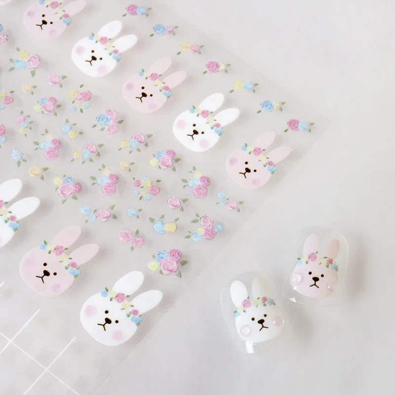 1Pc Cartoon Animal Pattern Nail Sticker Cute Bear Rabbit Elements 3D Nail Slider Decals Colorful Star Flowers Manicure Wraps