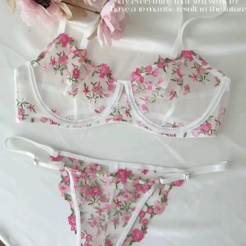 Summer beautiful floral embroidery sweet sexy mesh bra fresh flower girl pure desire lingerie for women