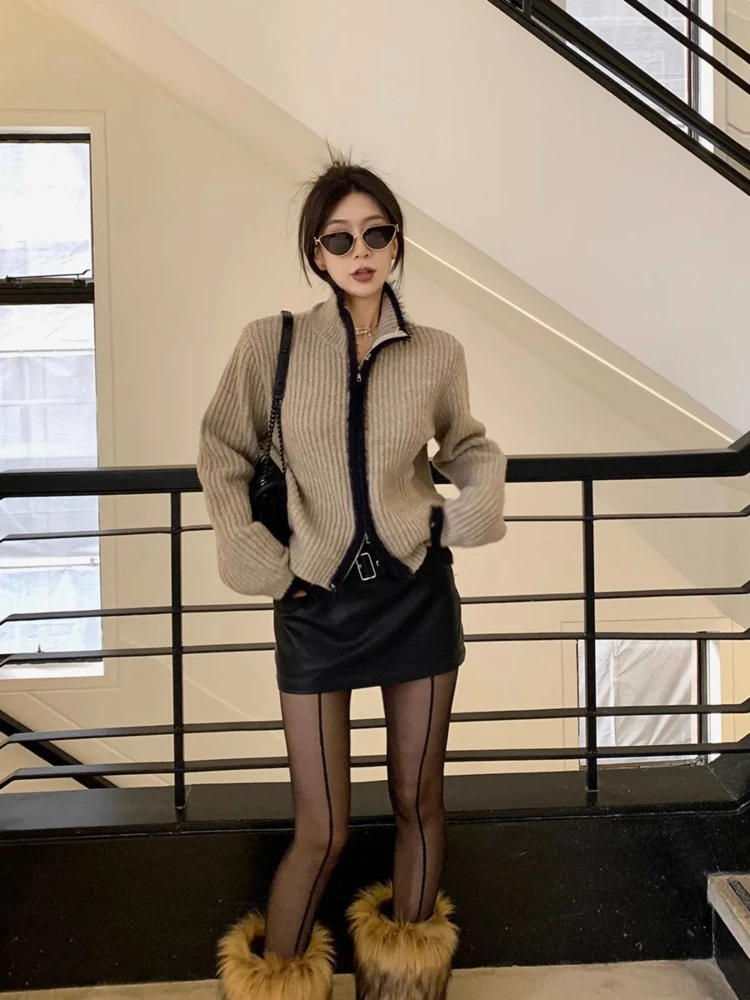 

Women Vintage Zipper Design Knitwear Top Korean Style Slimming Autumn Winter New Streetwear Patchwork Short Sweater