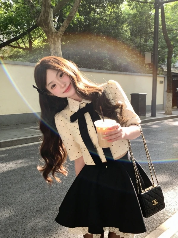 

Summer Sweet Atmosphere Princess Style Checkered High Waist Puffy Skirt And Bow Top Korean Style Fashion Set for Women