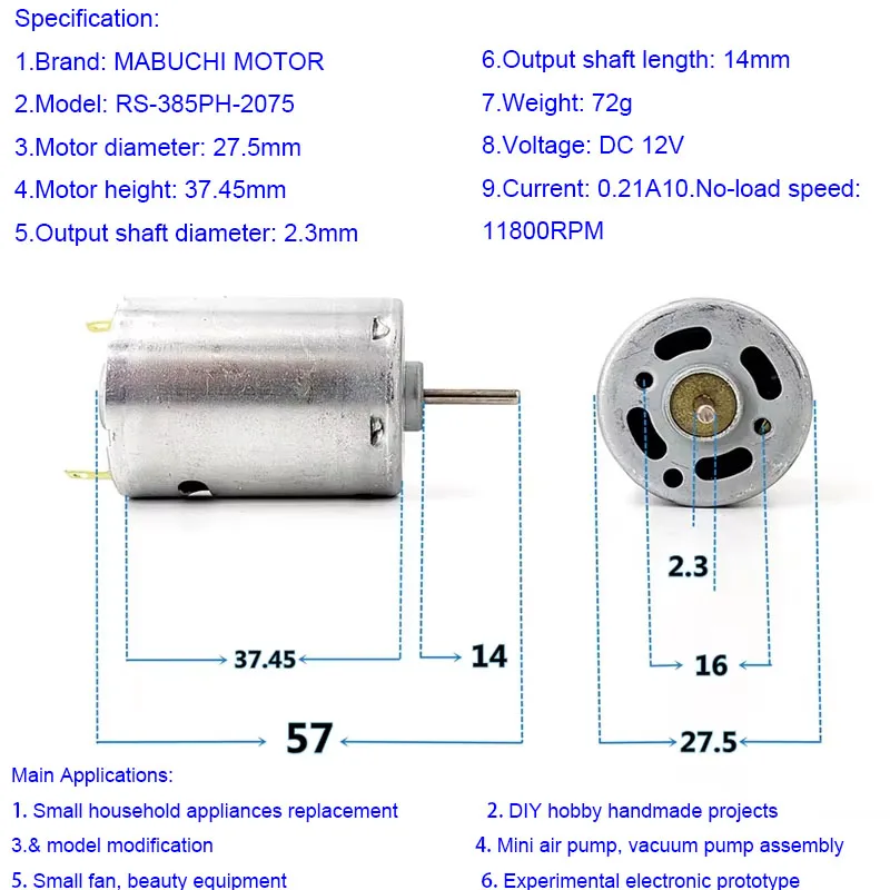 Mabuchi RS-385PH-2075 Mini 385 High Speed Electric Motor 6V-12V DC Carbon Brush Micro 27.5mm for DIY Home Appliance