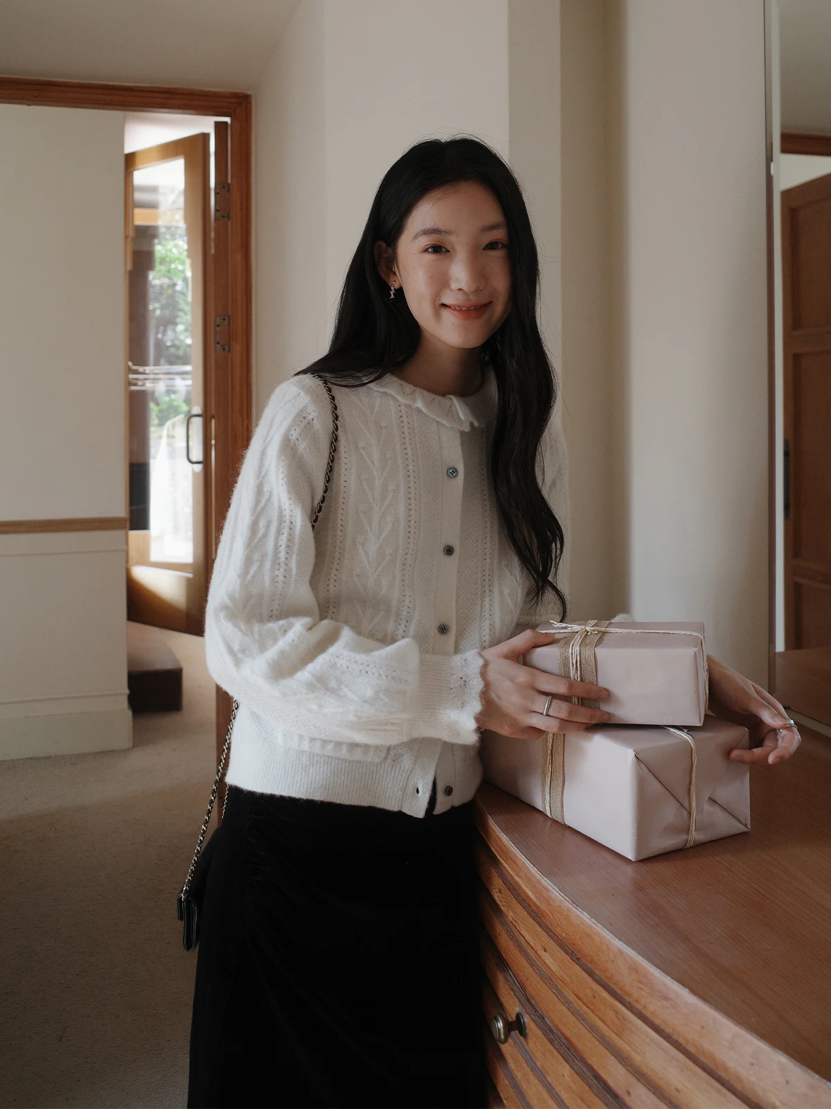 

Romantic Film Botanique Plant Science Alpaca Wool Cardigan Sweater Soft Cry Le Collar Long Sve Regular Fit Button up