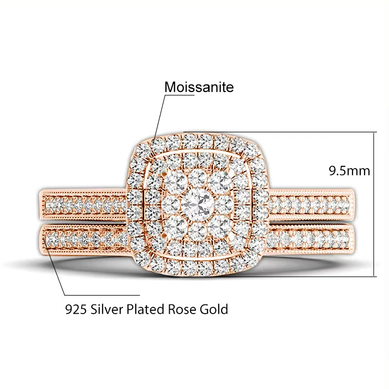 2-teiliges Roségold-Moissanit-Ringset für Damen, Brautschmuck, 925er Silber Halo-Verlobungs- und Eheringe mit Geschenkbox – Detail 1