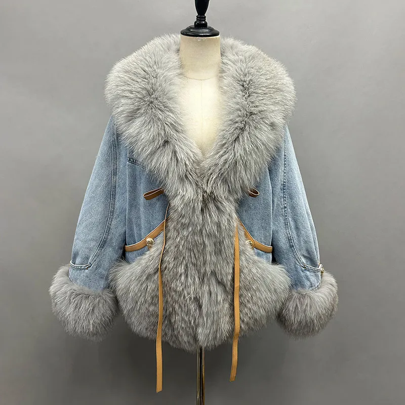 Cappotto invernale da donna in piumino di jeans con piumino d'oca, grande colletto in vera lana, capispalla da donna, cappotti imbottiti caldi e spessi