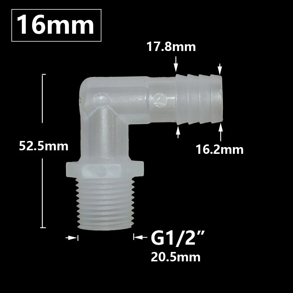 Mangueira Barb Connector Cotovelo com Rosca Macho, Acoplador De Acessórios De Plástico, 90 Graus, 6 8 10 11 12 14 16 18 19mm, 1/2 3/4\