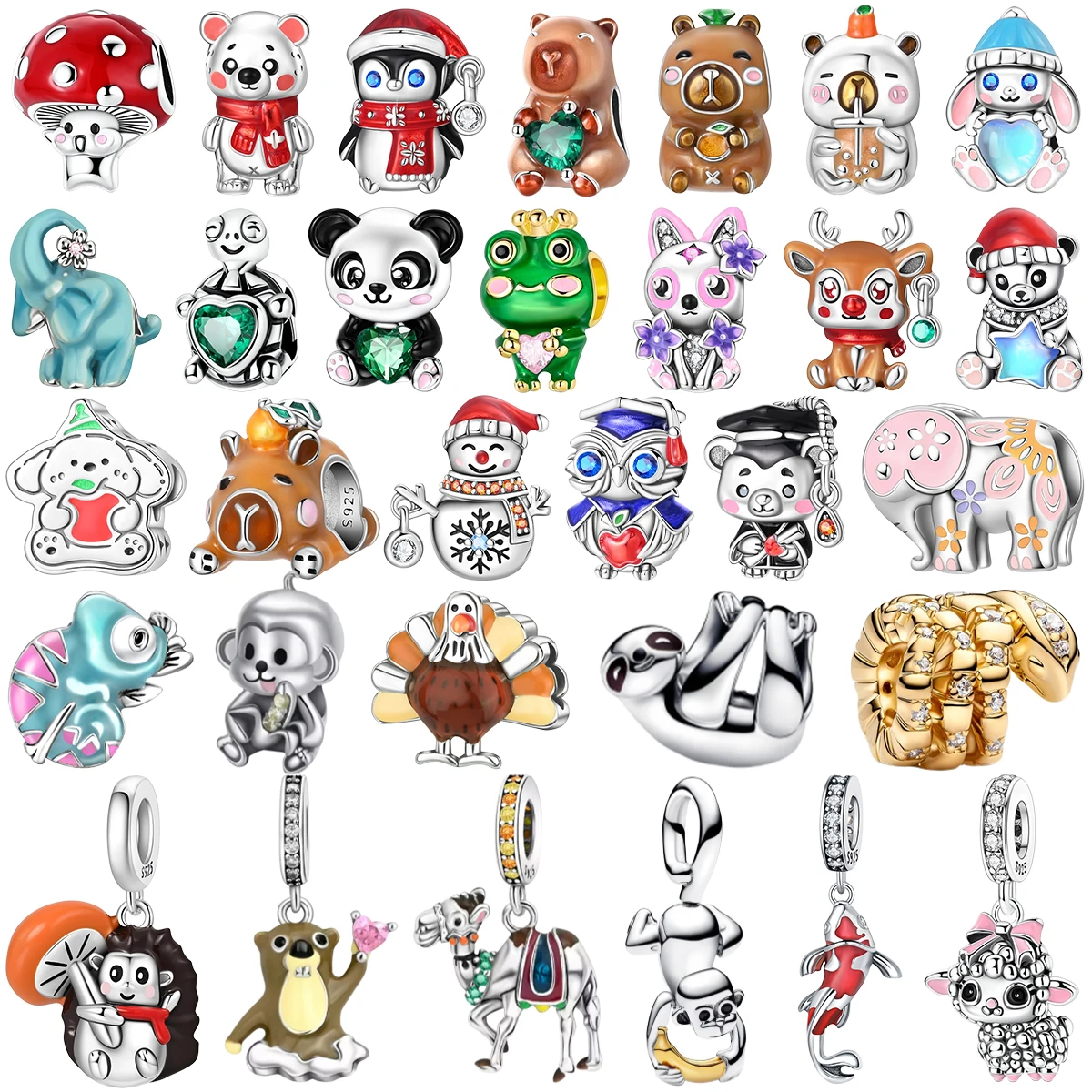 

925 Sterling Silver Cute Animal Charm Collection for Bracelets Penguin Capybara Monkey Panda Hedgehog Beads Gift for Friends