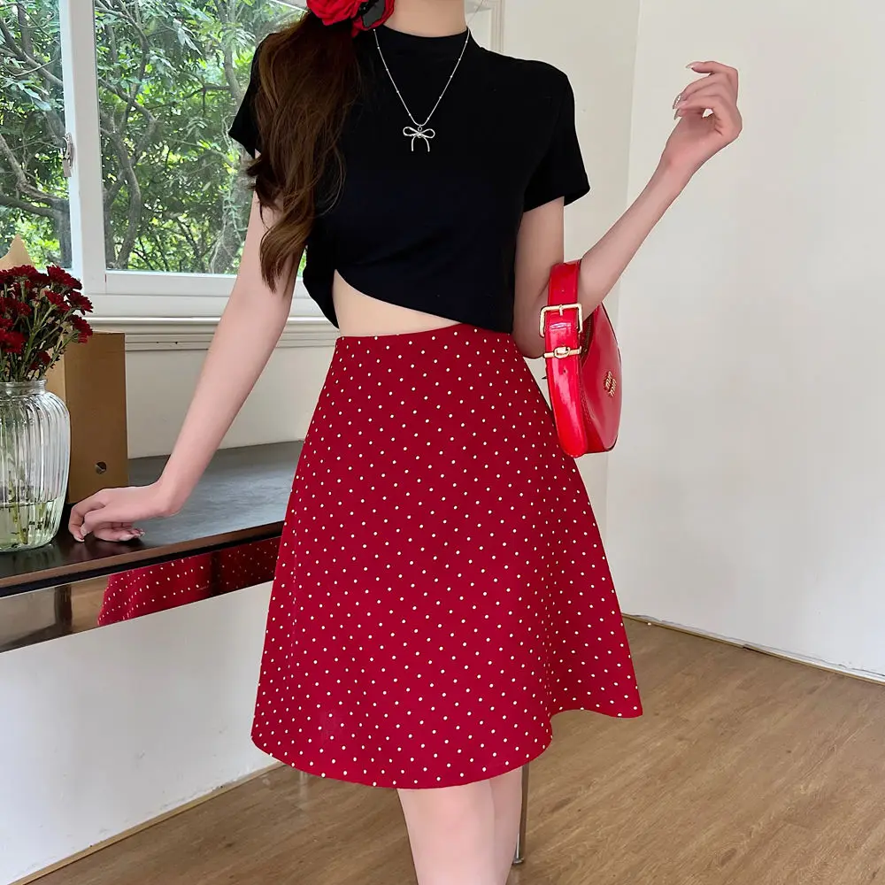 

Юбки для женщин с высокой талией, женская юбка миди, красная, шикарная и элегантная, летняя, уличная одежда 2024, трендовая, стильная, скромная, винтажная, роскошная, Y2k