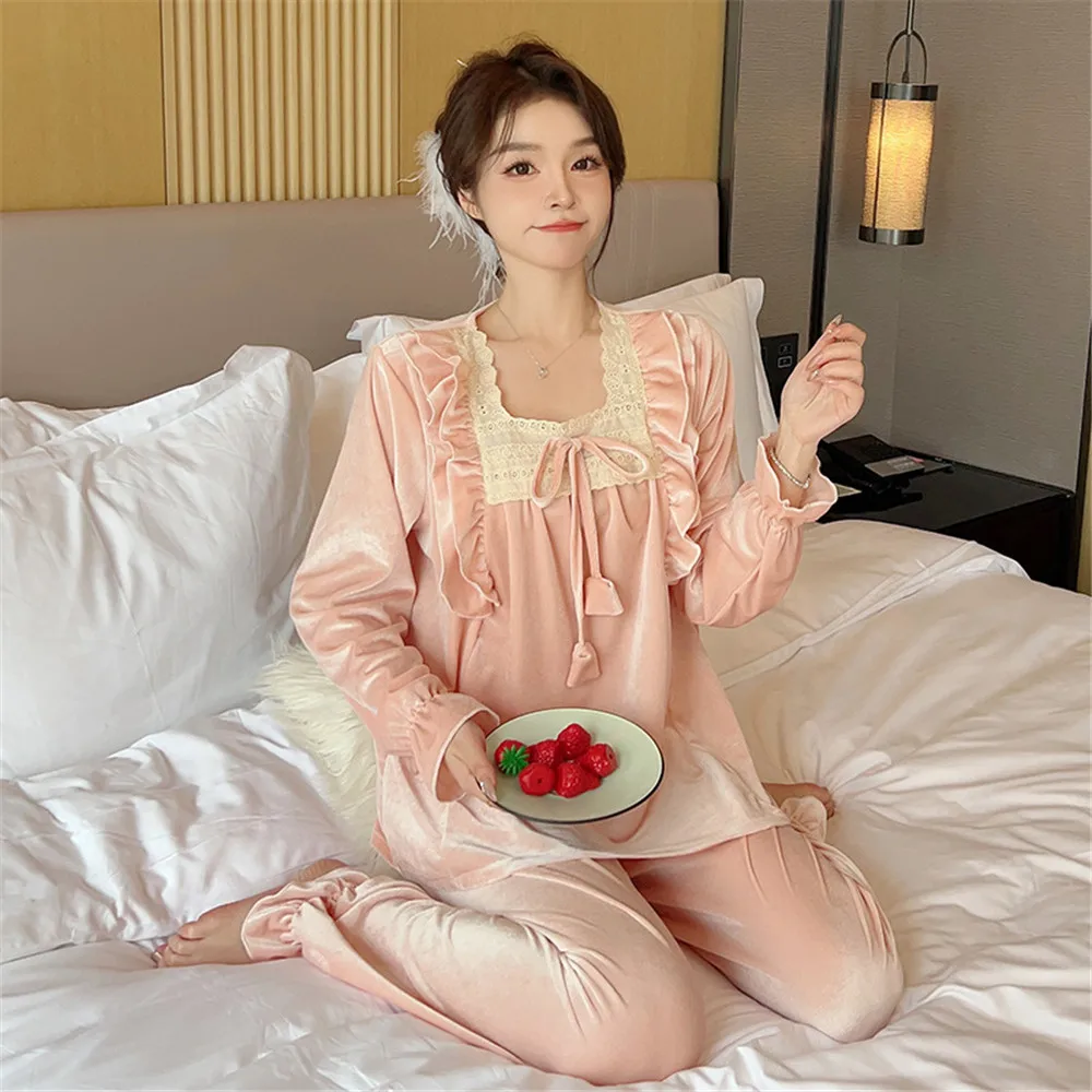 Velvet Pajamas Women Autumn Winter Sleepwear Long Sleeve Pullover Pants Casual Nightwear Loose Home Clothes Sleep Set