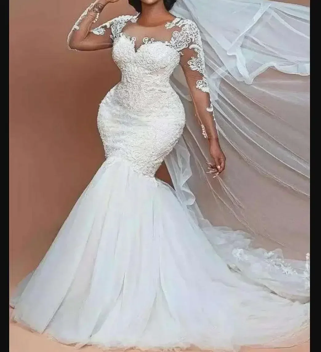 Customized  Lace Appliques Wedding Dress Robe De Mariée Plus Size Illusion Long Sleeves Country Style Bridal Gowns