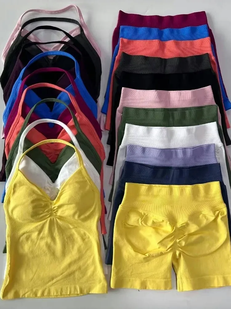 

Sports Woman 2 Piece Set Outfit Neck Halter Backless Top Solid Color Short Pants Bodycon simple Style Two Piece Outfits Trendy