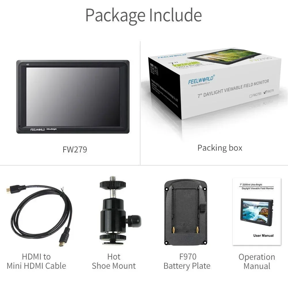 

FEELWORLD FW279 7" 4K HDMI Monitor F970 Bracket for DSLR Mirrorless 1920x1200 2200nit IPS 3D LUT 160° View