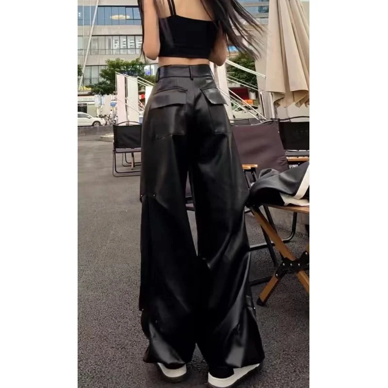 Straight tube loose fitting leather pants 2023 autumn new pleated slim high street versatile casual pants wide leg pants