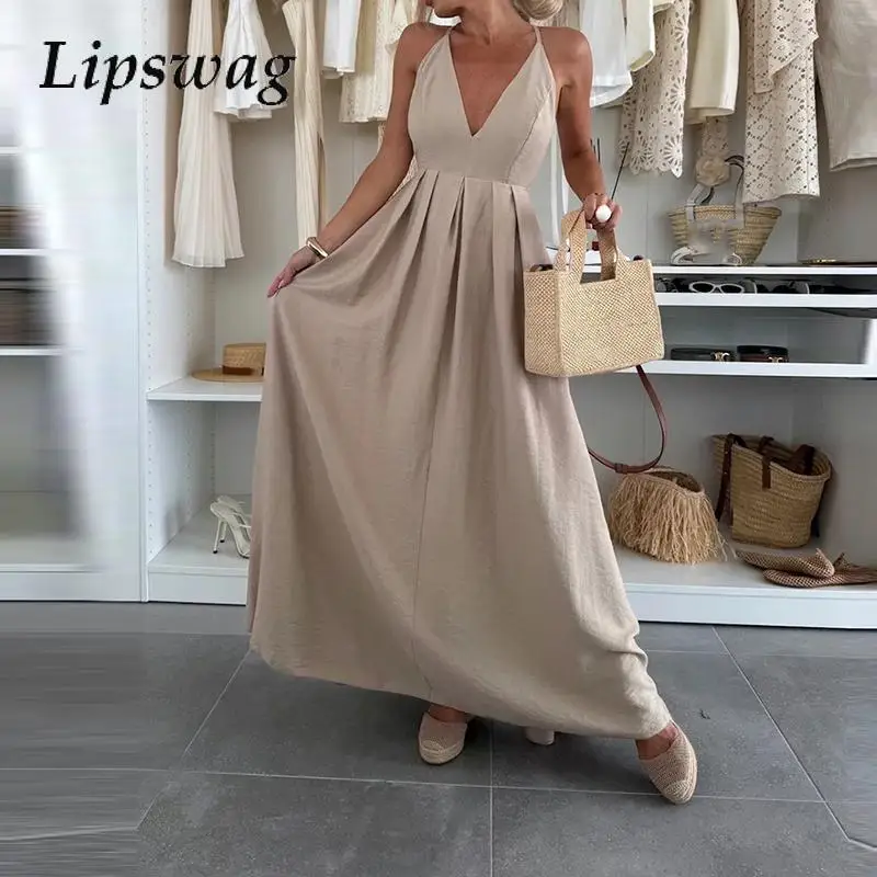 Modna Sukienka Maxi z Wysokim Stanem, Dekoltem w Serek, Plisami, Długa, Elegancka Sukienka Damska Bez Pleców z Wycięciami na Imprezę 2025, Seksowna, Miękka, Jednolita Sukienka Plażowa Maxi