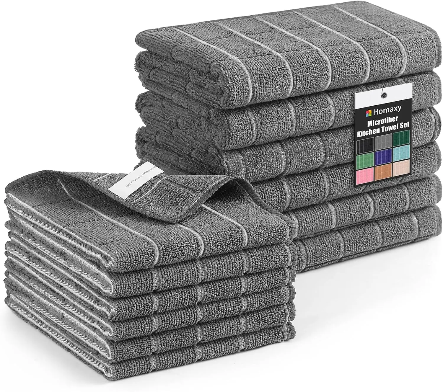

12 Pack Microfiber Kitchen Towels & Dishcloths Set - Soft, Absorbent, Quick Drying for Dishes, 28x16 & 12x12 Inches, Grey