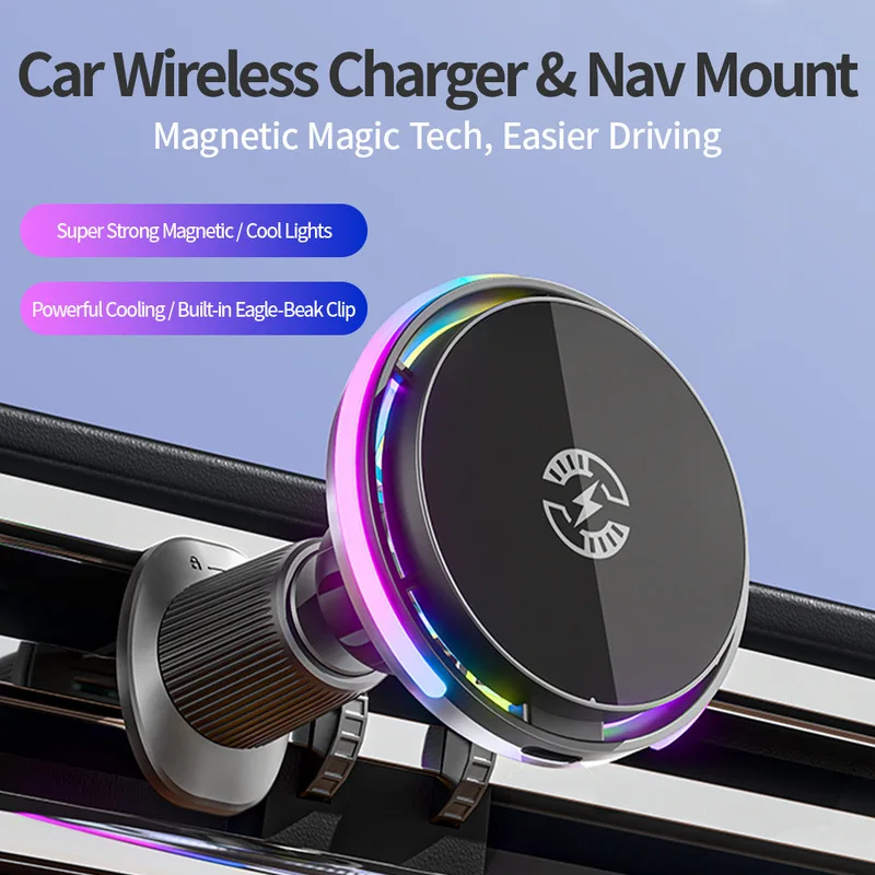 15w磁気式車載ワイヤレス充電器、冷却ファン付きrgbライト、急速充電対応、iphone、samsung、android用スマホホルダー