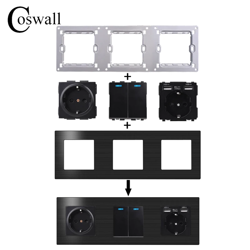 COSWALL L1 Series Black Brushed Aluminum Panel Wall Switch EU French Socket HDMI-compatible USB Charger TV RJ45 Modules DIY