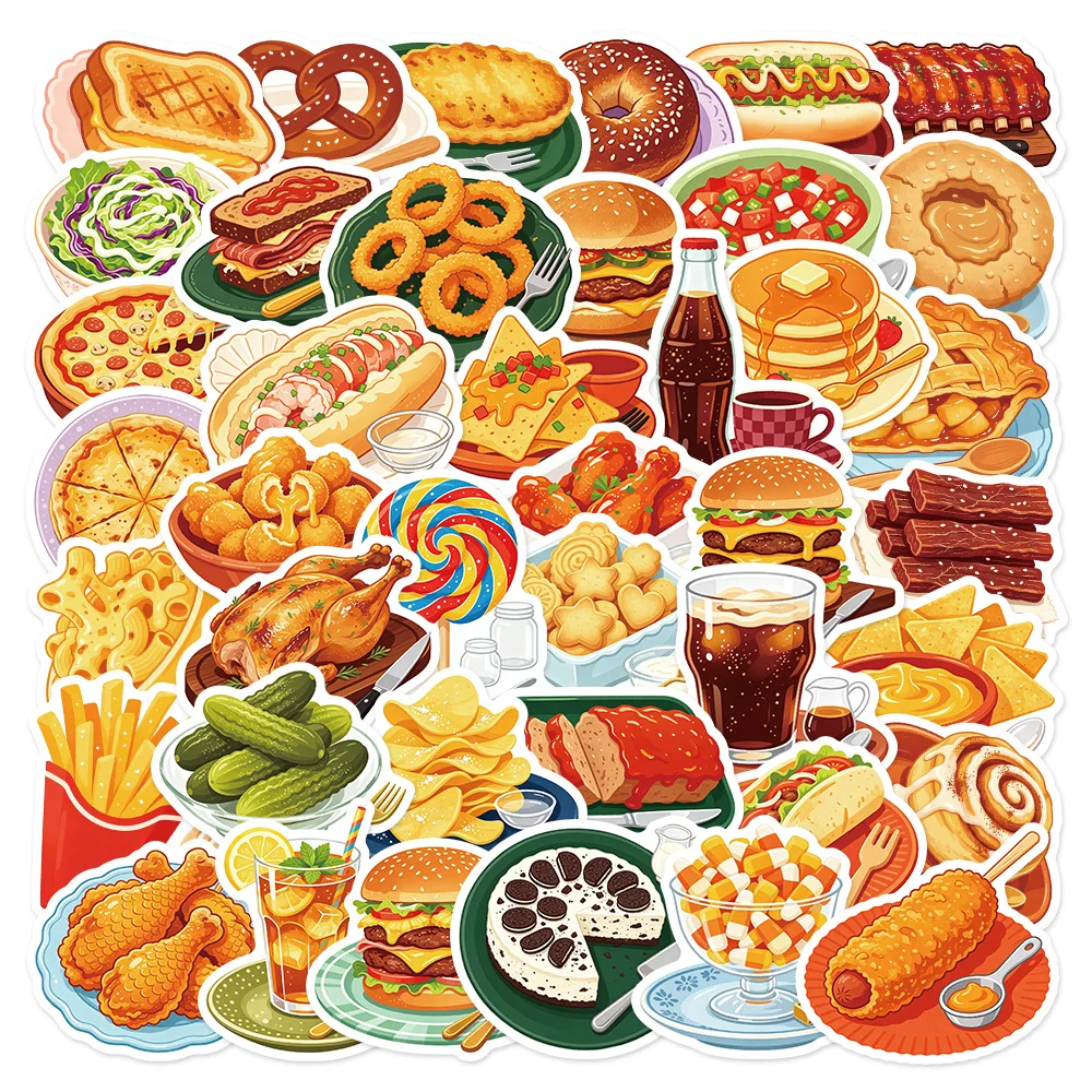 50PCS Creative Cola Fries Burger Food Snack Graffiti Stickers Fridge Cabinet Lunch Box Thermos Cup Non Repeated Waterproof Decal