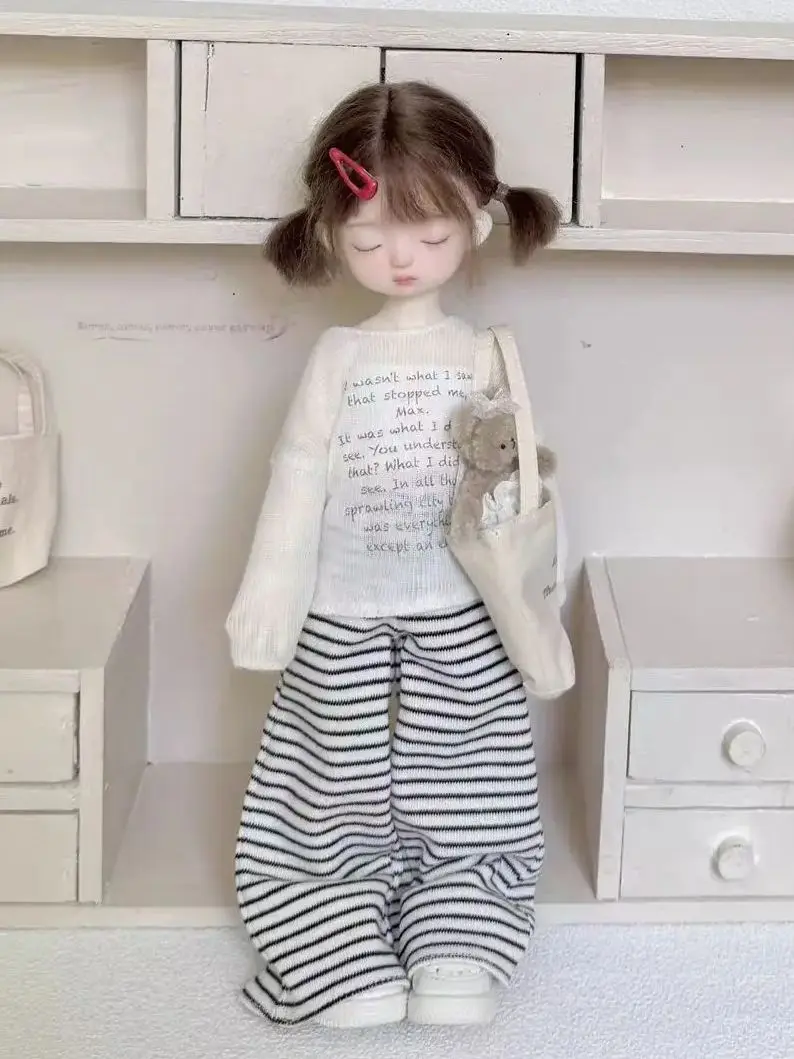 

BJD (1/6 BJD Doll Clothes) Baby Clothes Leisure Walking Set Cover dress Striped Long Pants Cloth Bag--Trendy Doll Outfit