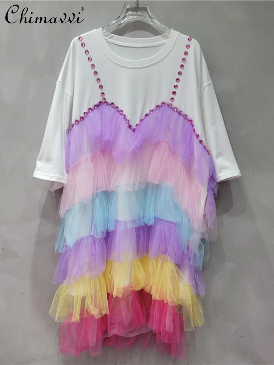 

2024 Summer New Fashion Color Mesh Patchwork Pink T-shirt Dress Round Neck Sweet Beaded Loose Elegant Short Sleeve Dresses