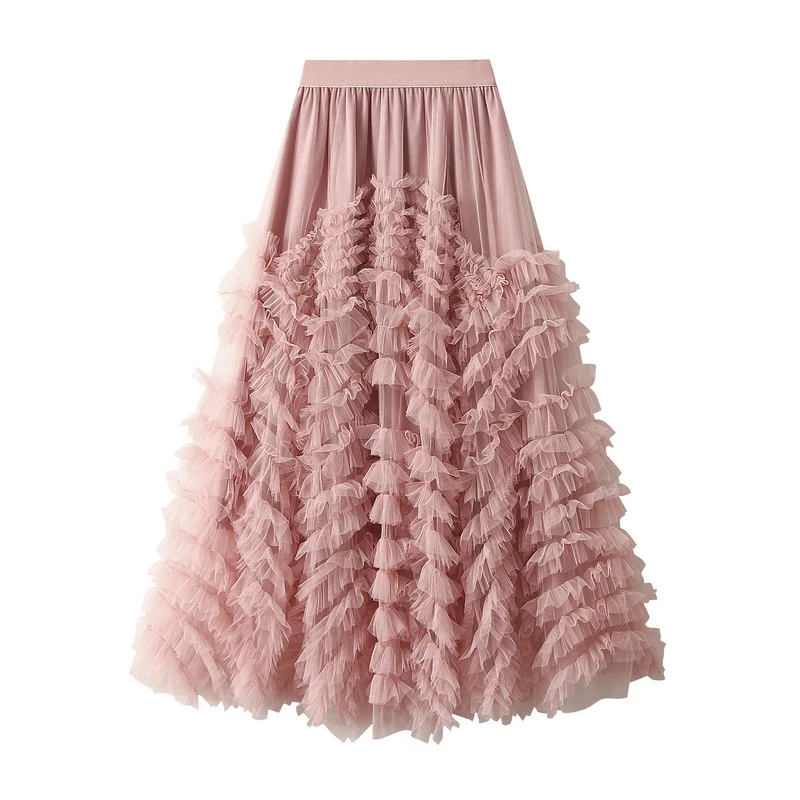 Designed High-end Mesh Heavy Industry Super Long Skirt with Slimming and Crotch-covering Gorgeous Cake Skirt