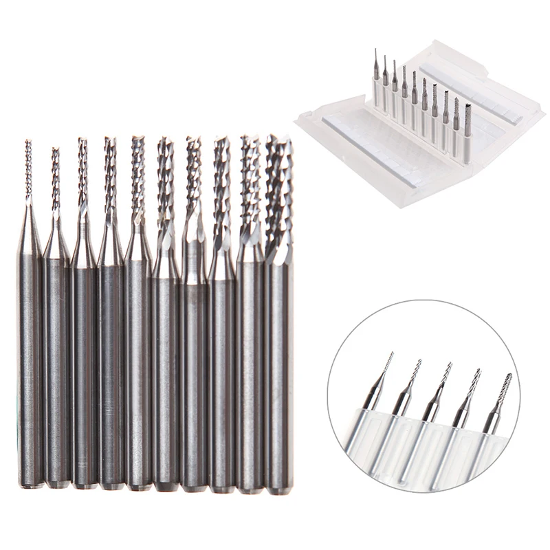 10Pcs 1/8\'\' 0.8-3.175mm Drill Bits Engraving Cutter Rotary PCB End Mill Set