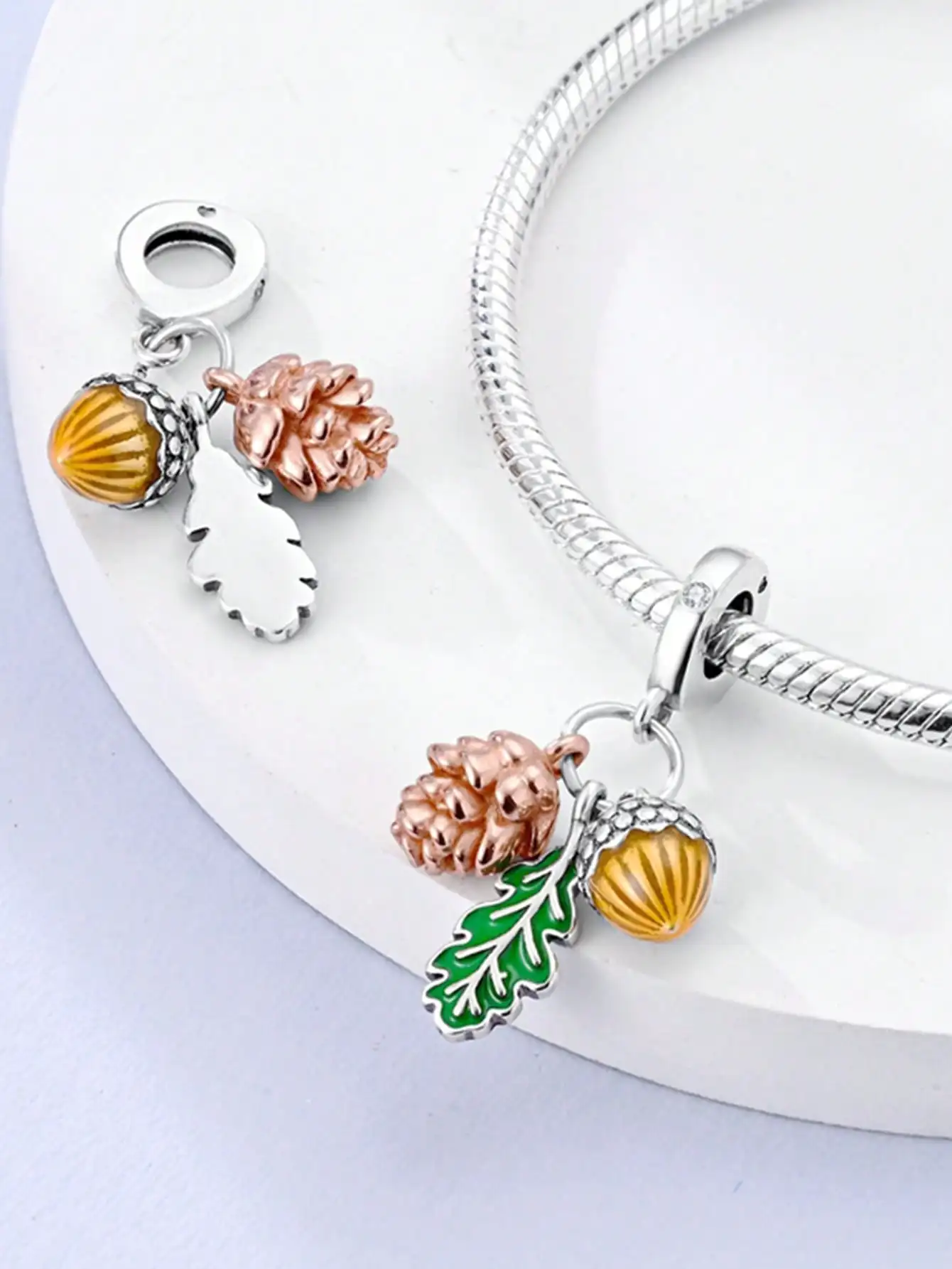 2025 Hot Sale Charms Bead 925 Sterling Silver Autumn Acorns Fallen and  flowers Fit Bangle Bracelet Necklace DIY Jewelry view 4