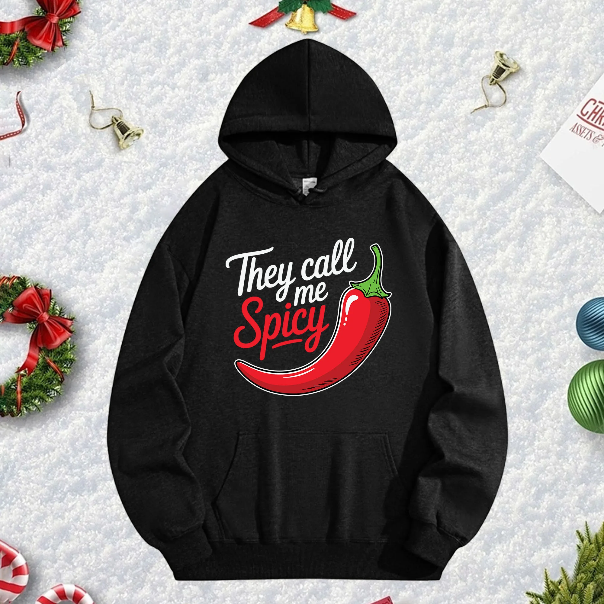 

Черная толстовка с капюшоном They Call Me Spicy 270 г для мужчин и женщин, уютный флисовый пуловер большого размера для осенне-зимнего рождественского сезона
