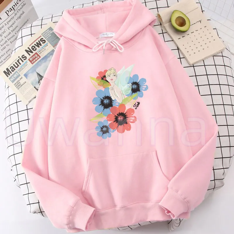 Tinker Bell Hoodies Women's Kawaii Anime Sweatshirts Pocket Printing Flowers Tops Cartoon Hoodie Streetwear Casual Clothes