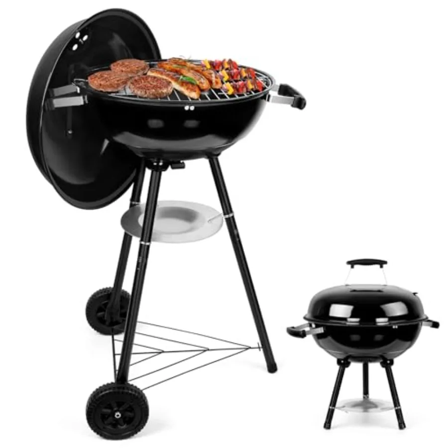 

Outdoor charcoal grill for camping/backyard/tabletop use, enameled black steel, portable with wheels, dual venting system, 18-i