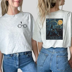 Harajuku HP Starry Night T-shirt Retro Wizard Front and Back Tshirt Bookish Shirts Aesthetic Gothic Tee Unisex Short Sleeved Top