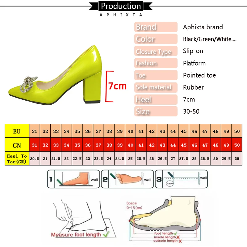 Aphixta Green Bling Crystals Bowknot Flowers 7cm Square Heels Pumps Women Shoes Students & Adults Pointed Toe Plus Size 30-50