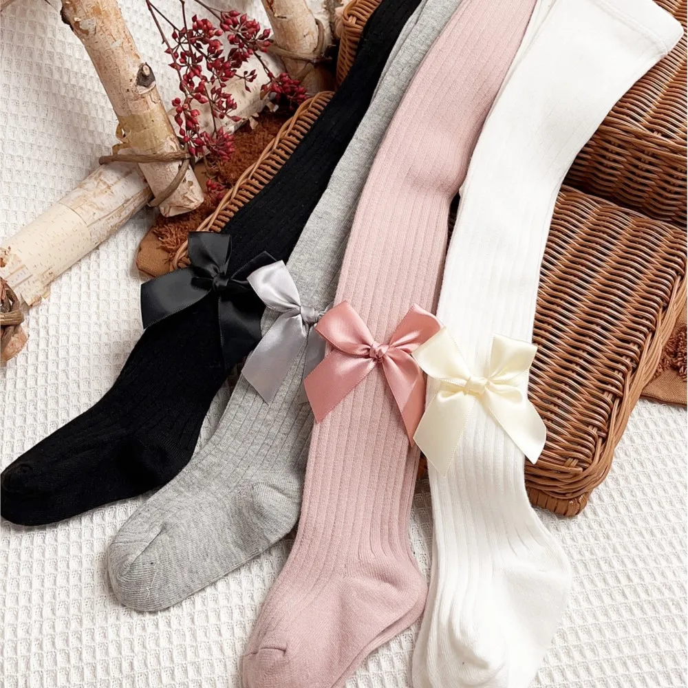 Combed cotton leggings for children Toddler girl bow decorative tights
