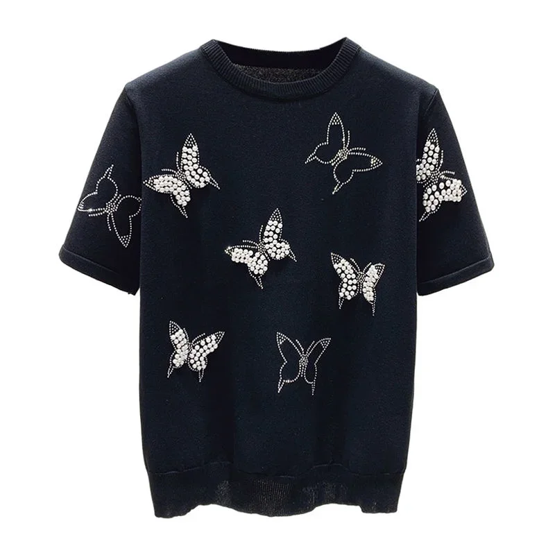 Neue Sommer Schmetterling Nagel Perle Kurzarm Stricken Pullover Koreanische Mode Dünne Beiläufige Jumper Frauen Knitwear2024