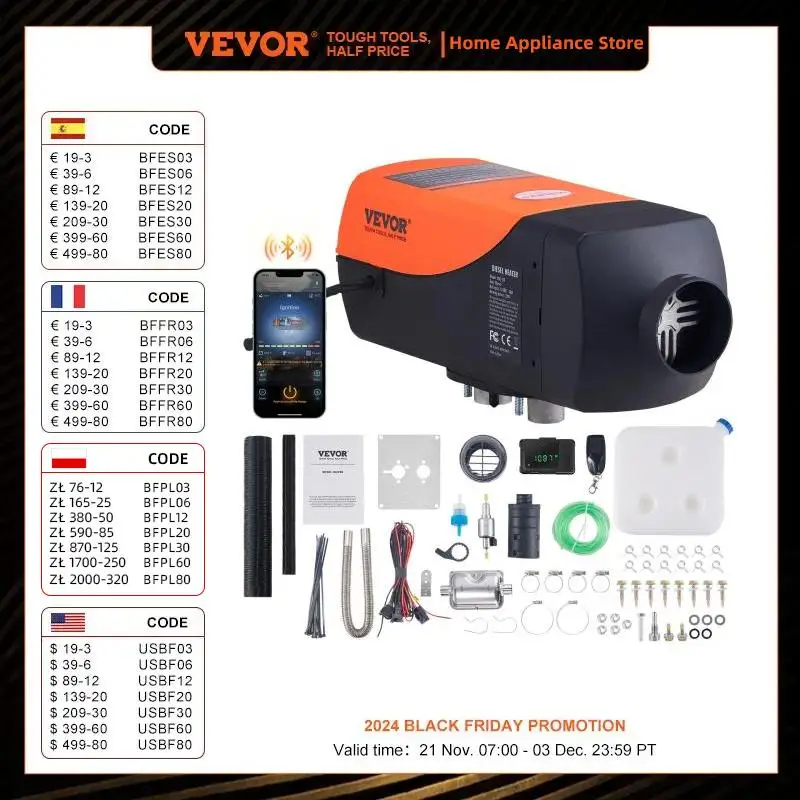 VEVOR Bluetooth App Control Diesel Air Heater, 12V 2KW Diesel Heater with Remote Control and LCD, Diesel Parking Heater for RV