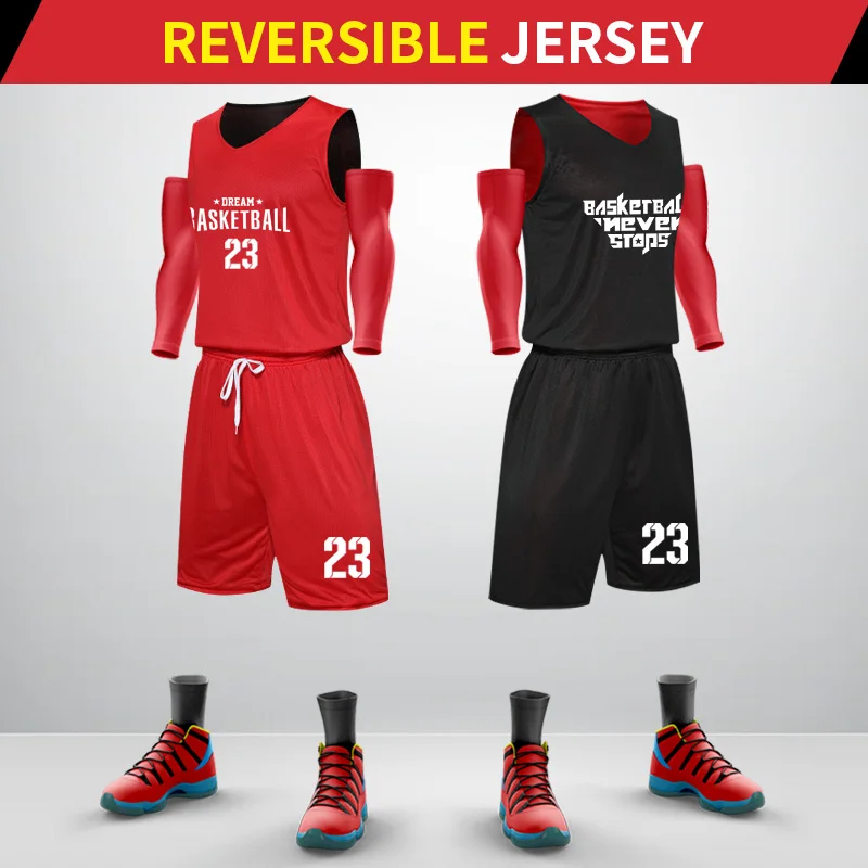 Custom High Quality Youth Basketball Jersey Sets Mens Breathable Polyester Mesh Fabric Reversible Basketball Uniform Shirts 5101