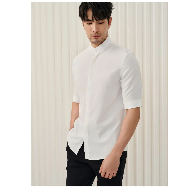 Mulberry Silk Spring and Summer Men's Short-sleeved Shirt White Standing Collar Temperament Blouse Light Smooth Gloss Cool Shirt