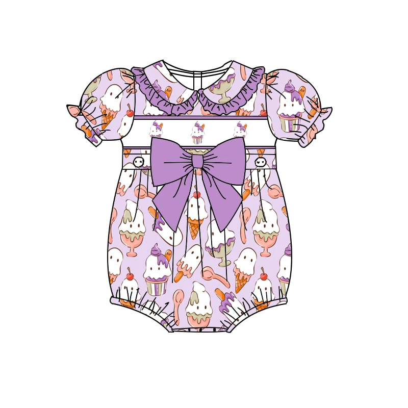 Boutique collared ruffled jumpsuit short style bow decoration Ghosts and popsicles print wholesale
