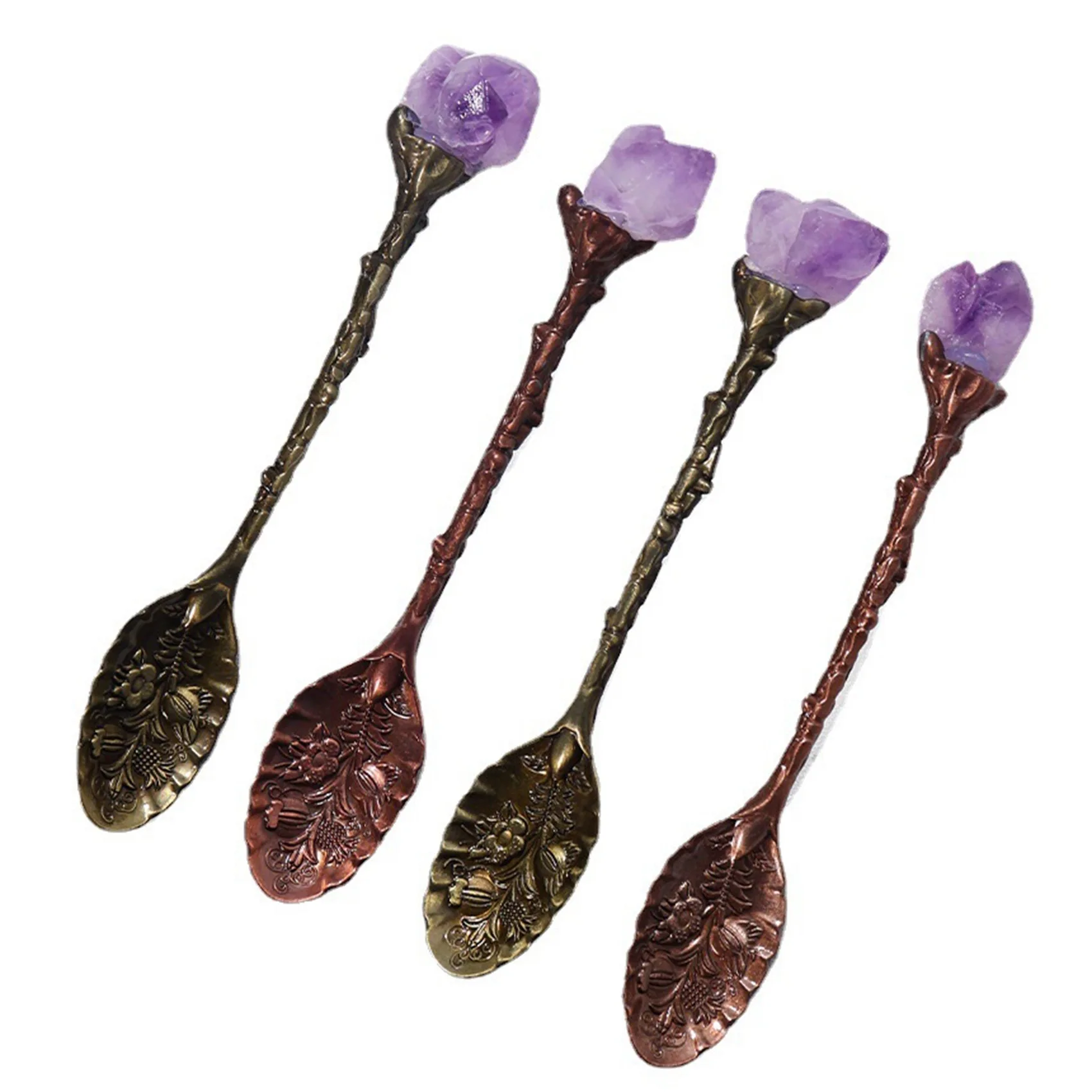 Carved Flower Crystal Stone Long Handle Coffee Spoon Teaspoon Irregular Retro Crystal Mini Ice Cream Spoon Decorative