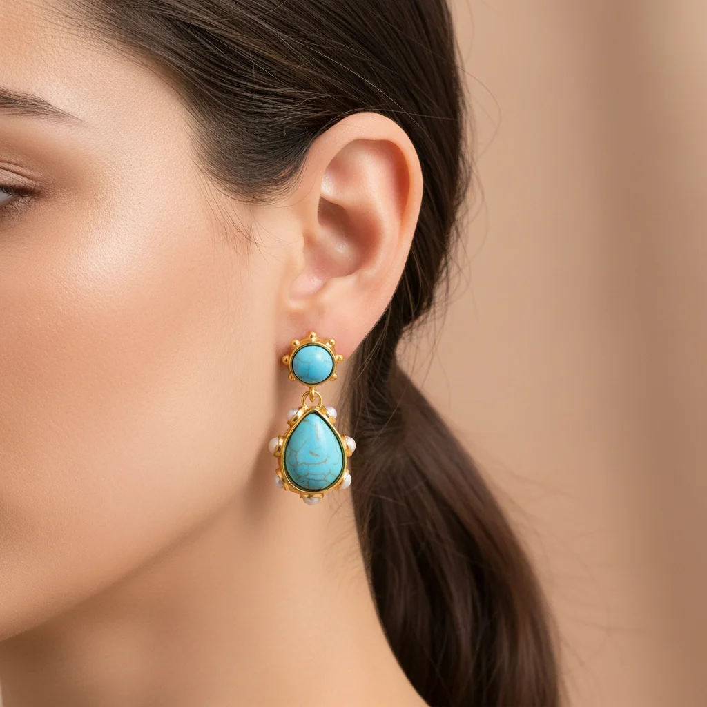 Vintage 18 Karat vergoldete Tropfenohrringe mit türkisfarbenen Stein- und Perlenverzierungen – böhmischer Statement-Schmuck für Frauen