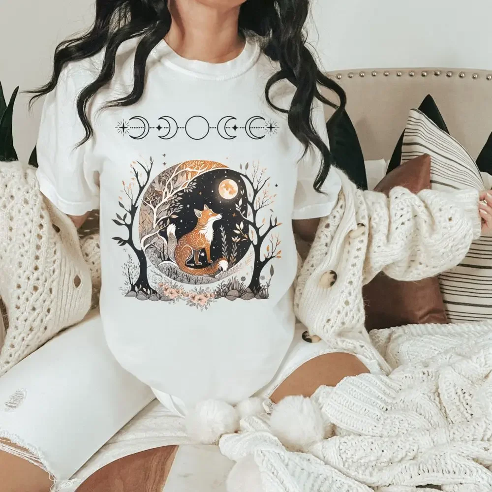 Women Crewneck Short Sleeve Shirt Whimsigoth Goblincore Shirt Fox Witchy T-shirt Celestial Fairycore Dark Cottagecore Aesthetic