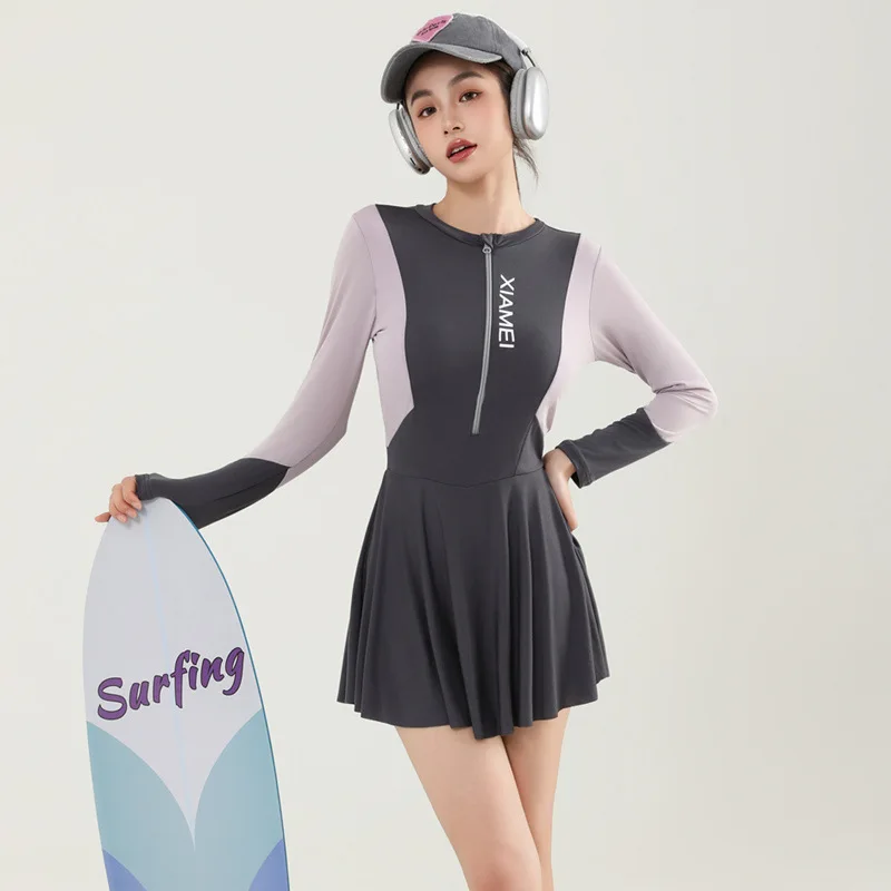 

Спортивный фитнес-купальник из 1 предмета, женский купальник с длинными рукавами, облегающий и тонкая талия, консервативный, закрывающий живот, студенческий купальник для девочек