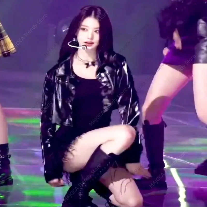 

Костюм в стиле K-pop IVE: черная глянцевая укороченная кожаная куртка для женщин, для выступлений на сцене, для занятий джазовыми танцами