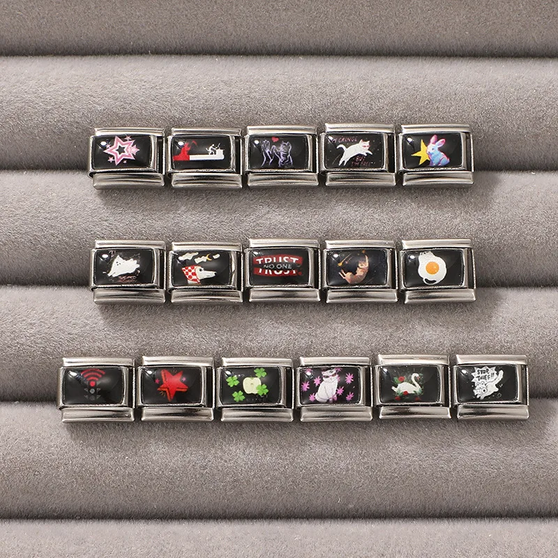 Creative DIY Black Moon Eyes Star Butterfly Cat Rabbit Cow Lovely Italian Charm Links Fit 9MM Stainless Steel Bracelet Jewelry