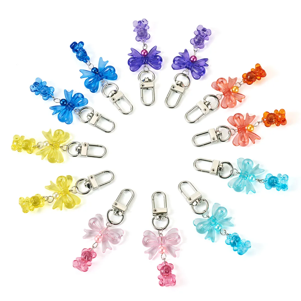 12pcs Bear & Bowknot Transparent Acrylic Pendant Cute Macaron Color Scheme Key Chain Embellish Holiday Gift Jewelry Accessories